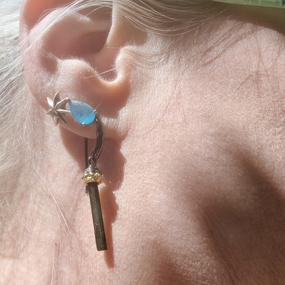 green tourmaline & sterling & gold long pillar earrings - Picture 8 of 10